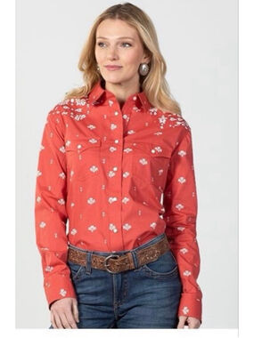 Women's Wrangler Red and White Patterned Button Down Shirt S